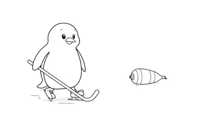 Dibujo lineal en blanco y negro de un pingüino de dibujos animados con patines y palo de hockey, preparado para golpear un disco con forma de pez.
