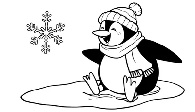 Dibujo de un pingüino de dibujos animados riendo sentado en un trozo de hielo con un gorro y bufanda, junto a un copo de nieve.