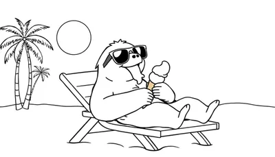 Dibujo lineal en blanco y negro de un personaje peludo con gafas de sol, comiendo un helado en una tumbona en una playa tropical, con palmeras y un sol al fondo.