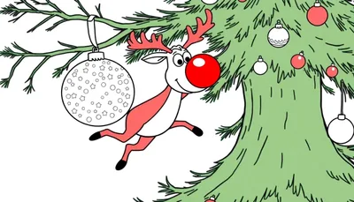 Imagen para colorear de un reno de dibujos animados con nariz roja y astas rojas colgando de un árbol de Navidad verde decorado.