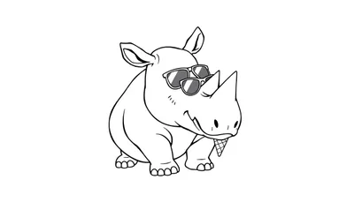 Dibujo lineal de un rinoceronte con gafas de sol y un cono de helado, listo para colorear.