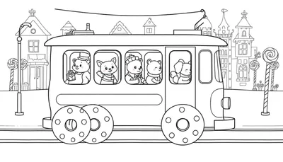 Ilustración para colorear de un tranvía con animales en las ventanas, frente a edificios y piruletas enormes.