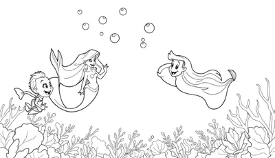 Dibujo para colorear de tres personajes marinos: dos sirenas o tritones a la izquierda (uno pequeño volando, otro saludando) y un tritón a la derecha, con fondo de coral y algas.