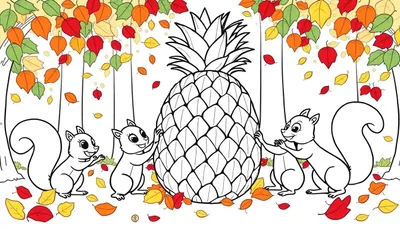 Página para colorear de dos ardillas curiosas mirando una piña enorme en un bosque otoñal con hojas caídas.