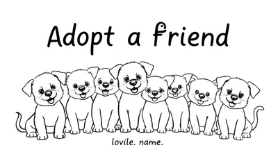 Ocho cachorros lindos y sonrientes en fila, esperando ser coloreados, con el texto 'Adopt a friend' arriba.