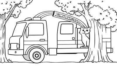 Página para colorear de un camión de bomberos con escalera extendida, un gato blanco en un árbol y árboles alrededor.
