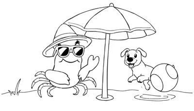 Página para colorear con un cangrejo con sombrero y gafas de sol, una sombrilla de playa y un perro jugando con una pelota.