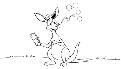 Imagen para colorear de un canguro de dibujos animados con sombrero y teléfono, soplando burbujas
