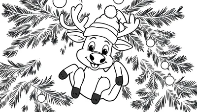 Dibujo en blanco y negro de un ciervo de dibujos animados con gorro de Papá Noel y astas colgando de una rama de árbol de Navidad decorado con bolas.
