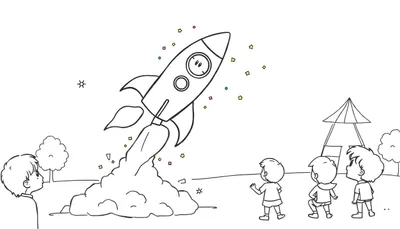 Ilustración para colorear de un cohete espacial con cara feliz despegando, llamas y humo, tres niños mirando, árboles y una carpa al fondo, con estrellas y formas flotando.
