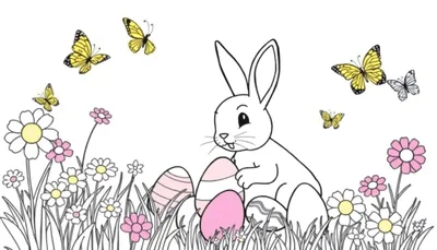 Página para colorear de un conejito de Pascua con huevos y flores, con mariposas.