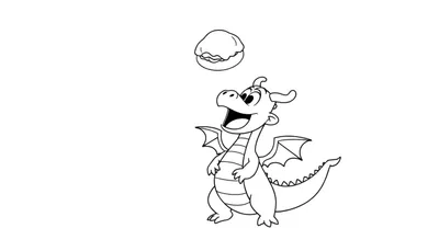 Dibujo lineal en blanco y negro de un dragón de caricatura con brazos en el vientre mirando hacia arriba a un bollo de crema flotante.