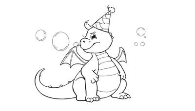 Dibujo lineal en blanco y negro de un dragón de dibujos animados amistoso y regordete con un sombrero de fiesta soplando burbujas.