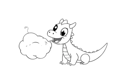 Dibujo lineal de un dragón de caricatura sentado y soplando humo.