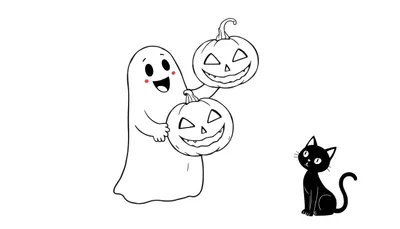 Página para colorear con un fantasma sonriente, dos calabazas y un gato negro sentado, listo para ser coloreado.