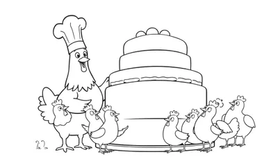 Página para colorear de una gallina chef sirviendo pastel a otras gallinas en una fiesta de cumpleaños.