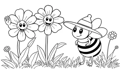 Ilustración de página para colorear con dos flores sonrientes, una saludando, y una abejita con sombrero de pie en un campo con hierba y flores pequeñas.
