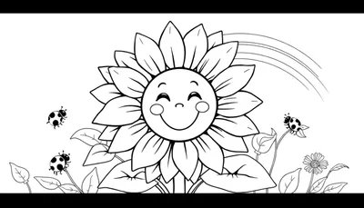Dibujo lineal para colorear de un girasol sonriente con tres mariquitas, hojas, tallos y un arco de sol.