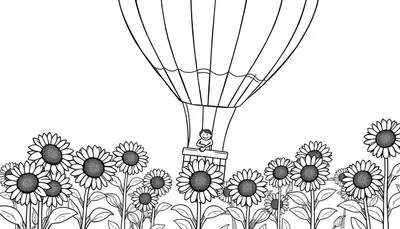 Dibujo a mano alzada en blanco y negro de un globo aerostático con persona sonriendo, flotando sobre un campo de girasoles floreciendo.