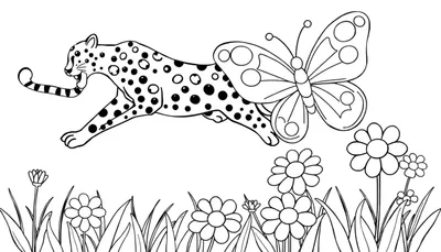 Dibujo lineal de un guepardo saltando en el aire con una mariposa en su espalda, rodeado de flores y hierba para colorear.