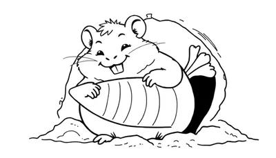 Dibujo lineal en blanco y negro de un hámster feliz con mejillas abultadas sosteniendo una mazorca de maíz, sentado sobre un montículo de tierra.