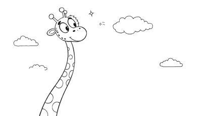 Dibujo para colorear de la cabeza y el cuello de una jirafa con expresión feliz, rodeada de nubes y dos estrellas brillantes en el cielo.
