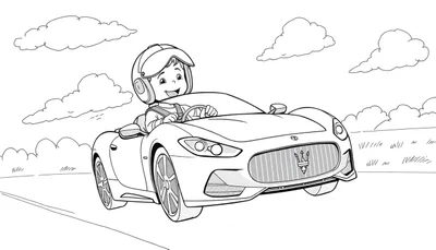 Dibujo para colorear de un niño con casco conduciendo un coche deportivo descapotable.