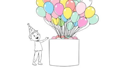 Ilustración para colorear de un niño con gorro de fiesta señalando un cubo lleno de globos de colores flotando.
