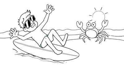 Niño surfeando con gafas de sol, acompañado de un cangrejo saludando, bajo un sol brillante, página para colorear.