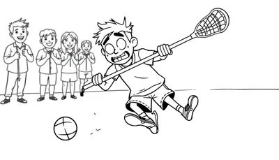 Página para colorear de niños jugando lacrosse, con un niño en el aire y otros cuatro observando.