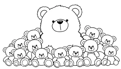 Página para colorear de un oso de peluche blanco grande rodeado de muchos osos de peluche pequeños apilados en grupos.