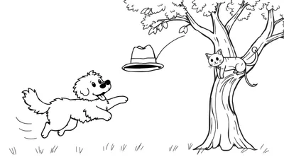 Ilustración para colorear de un perro corriendo en un campo verde, un gato en la rama de un árbol y una gorra cayendo.