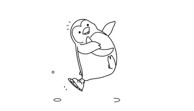Dibujo a línea de un pingüino sorprendido patinando y saltando, con salpicaduras de hielo.