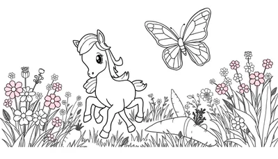 Ilustración lineal en blanco y negro de un pony con alas pequeñas corriendo, una mariposa volando, hierba, flores y zanahorias para colorear.