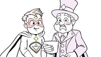 Ilustración de cómic para colorear de un superhéroe sonriente ofreciendo una taza con burbujas a un personaje con traje formal y sombrero de copa, cuya cara muestra asombro.