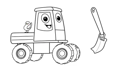 Dibujo de un tractor de construcción sonriente con un pajarito en su parte trasera y una pala flotando al lado. Página para colorear.