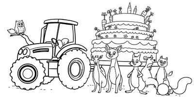Ilustración para colorear de un tractor negro con un búho en una rama encima, una tarta de zanahoria y flores detrás, y ciervos, ratón, zorro y ardilla a la derecha.