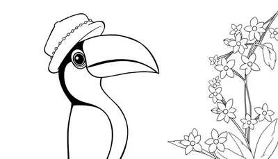 Dibujo lineal de un tucán sonriente con un sombrero, parado junto a una rama con flores.