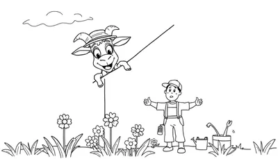 Página para colorear con una cabra sonriente y sorprendida con sombrero, un niño asustado con sombrero y tirantes, nubes, flores y herramientas de jardinería.