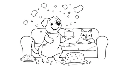 Página para colorear de un perro y un gato en un sofá, el perro tiene un pastel, hay más pasteles en el suelo y burbujas en el aire.