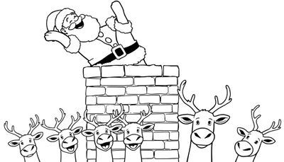 Página para colorear de Papá Noel riendo al bajar por una chimenea, con siete renos sonriendo debajo.