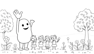 Dibujo para colorear de una patata sonriente saludando a cuatro niñas comiendo helado, con árboles, flores y un globo.