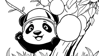 Un dibujo a blanco y negro de un panda sonriente con un casco en la cabeza, sentado junto a un árbol con hojas y ramas. El panda levanta una pata para saludar.
