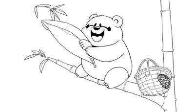 Dibujo lineal de un oso panda sonriente sentado en una rama de bambú, sosteniendo una hoja de bambú. Una cesta tejida cuelga de otra rama al lado.