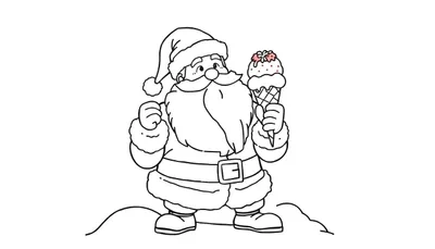Dibujo para colorear de Papá Noel con un helado, con líneas gruesas.