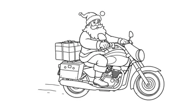 Dibujo para colorear de Santa Claus conduciendo una motocicleta con un casco de moto y la punta de su gorro asomando, con una caja de regalos en la parte trasera.