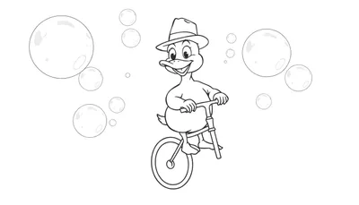 Dibujo a línea de un pato con sombrero andando en bicicleta rodeado de burbujas, listo para colorear.
