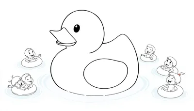 Página para colorear de un gran pato de goma rodeado de niños felices en flotadores en el agua.