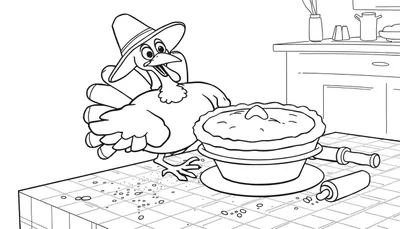 Dibujo en blanco y negro de un pavo con sombrero, un pastel y rodillos sobre una mesa a cuadros en una cocina, listo para colorear.
