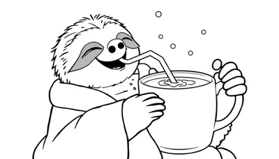 Dibujo a línea de un perezoso con los ojos cerrados, sonriendo mientras bebe una bebida caliente de una taza con pajita, envuelto en una manta.
